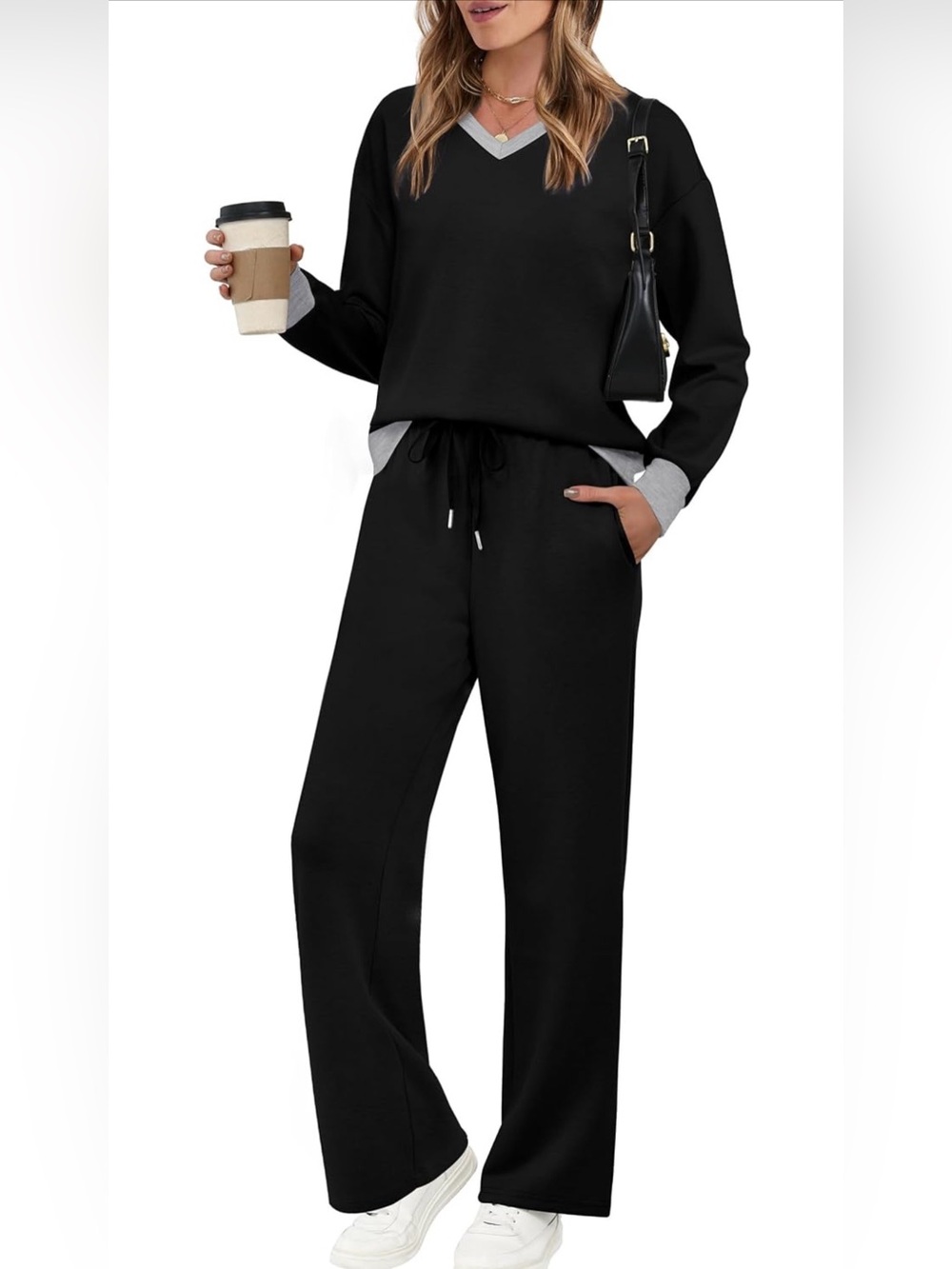 WIHOLL Lounge Sets for Women 2026 V Neck 2 Piece Outfits Airport Wide Leg Pants
